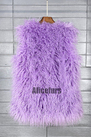 lamb fur vest long shaggy sleeveless jacket for women in lavender 1 Alicefurs