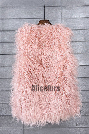 lamb fur vest long shaggy sleeveless jacket for women in light pink 3 Alicefurs