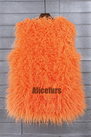 lamb fur vest long shaggy sleeveless jacket for women in orange 1 Alicefurs