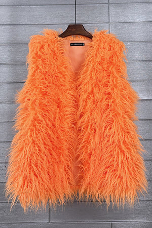 lamb fur vest long shaggy sleeveless jacket for women in orange Alicefurs