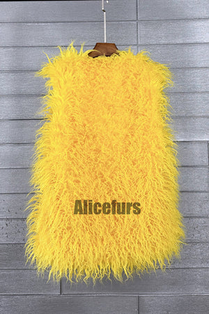 lamb fur vest long shaggy sleeveless jacket for women in yellow 1 Alicefurs