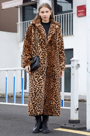 leopard faux fur coat winter full length outerwear for women Alicefurs
