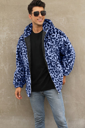 leopard faux fur jacket winter short hooded fuzzy outwear for men in blue 1 Alicefurs