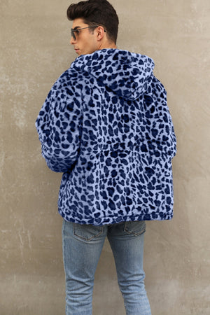 leopard faux fur jacket winter short hooded fuzzy outwear for men in blue 4 Alicefurs