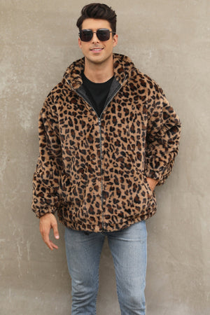leopard faux fur jacket winter short hooded fuzzy outwear for men in brown 3 Alicefurs