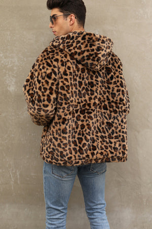 leopard faux fur jacket winter short hooded fuzzy outwear for men in brown 4 Alicefurs