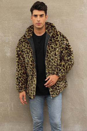 leopard faux fur jacket winter short hooded fuzzy outwear for men in green 1 Alicefurs