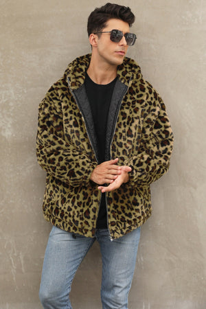 leopard faux fur jacket winter short hooded fuzzy outwear for men in green Alicefurs