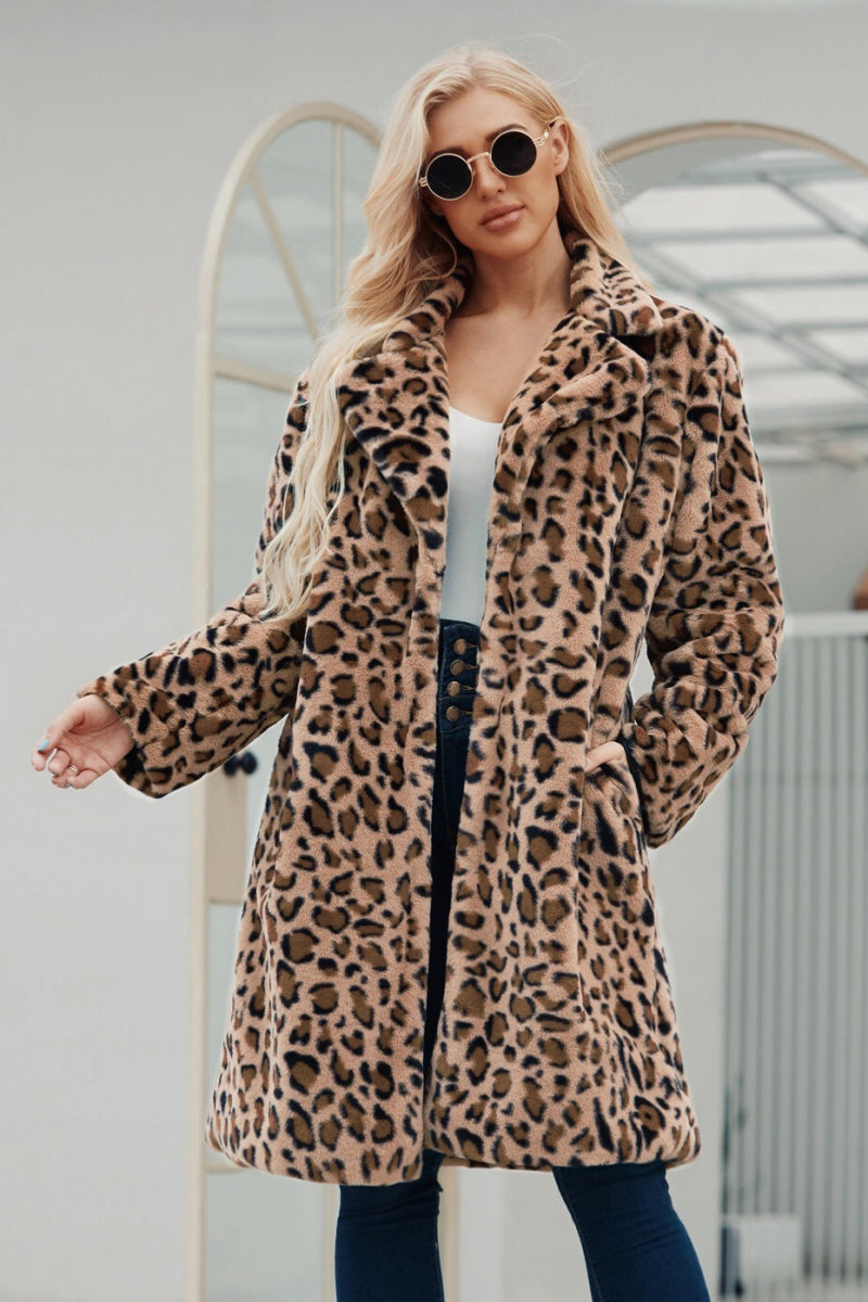 Abrigo de piel de leopardo largo con estampado animal y pelusa para mujer
