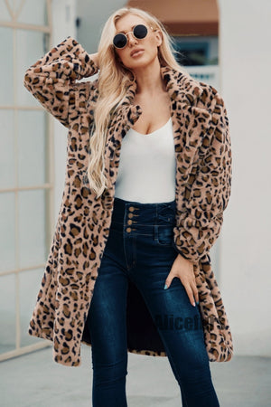 leopard fur coat long animal print fuzzy outerwear for women 4 Alicefurs
