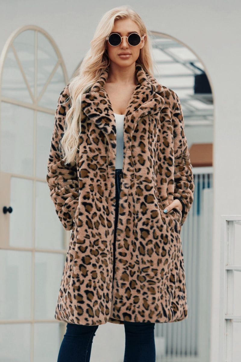 Abrigo de piel de leopardo largo con estampado animal y pelusa para mujer