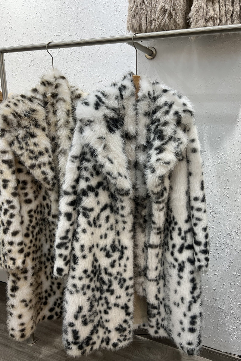 long dalmatian coat cheetah faux fur overcoat for women in black and white Alicefurs
