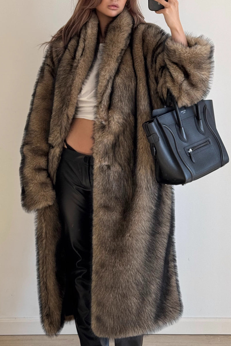 long faux fur coat womens shawl collar overcoat in brown 1 Alicefurs