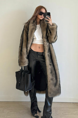 long faux fur coat womens shawl collar overcoat in brown Alicefurs