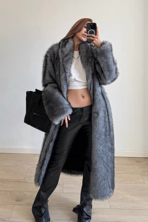 long faux fur coat womens shawl collar overcoat in silver 1 Alicefurs