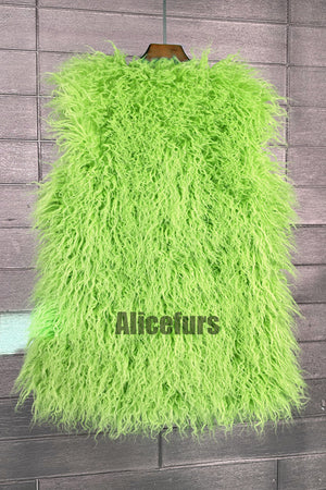 long faux fur vest sleeveless tibetan lamb fluffy jacket for women in lime green 1 Alicefurs