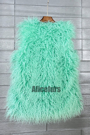 long faux fur vest sleeveless tibetan lamb fluffy jacket for women in mint green 1 Alicefurs