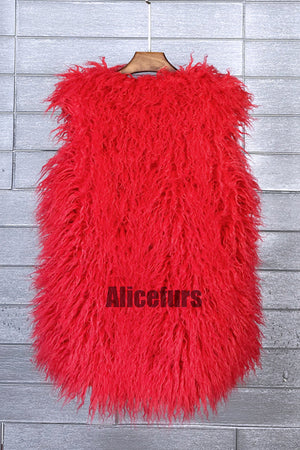long faux fur vest sleeveless tibetan lamb fluffy jacket for women in red 1 Alicefurs