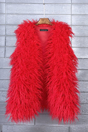 long faux fur vest sleeveless tibetan lamb fluffy jacket for women in red Alicefurs