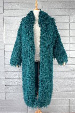 long mongolian fur coat full length shaggy furry coat for women in dark green Alicefurs