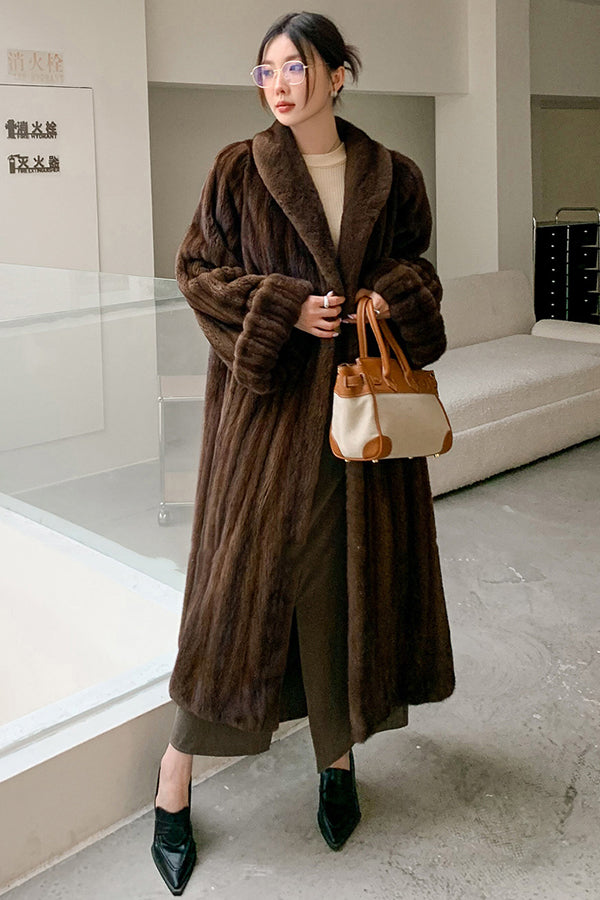 luxury faux mink coat long mob wife fur overcoat in dark brown front view Alicefurs