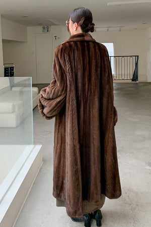 luxury faux mink coat long mob wife fur overcoat in dark brown back view Alicefurs