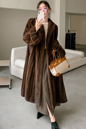 luxury faux mink coat long mob wife fur overcoat in dark brown Alicefurs