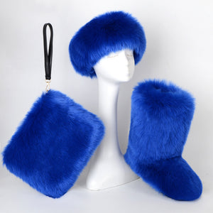 matching faux fur boots purse headband holiday set for women in royal blue Alicefurs
