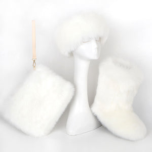 matching faux fur boots purse headband holiday set for women in white close up view Alicefurs