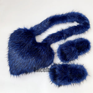 matching faux fur slides and fluffy heart bag set for women in navy blue Alicefurs