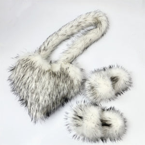 matching faux fur slides and fluffy heart bag set for women in white Alicefurs