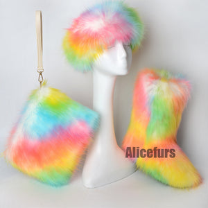 matching fur boots headband wristlet bag for women blue yellow red Alicefurs