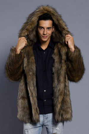 mens fake fur coat hooded winter warm outerwear in brown Alicefurs