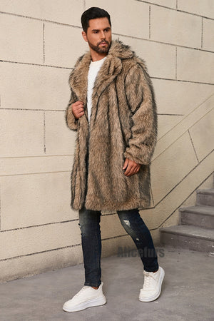 mens fake fur coat long lapel collar winter overcoat in brown 5 Alicefurs