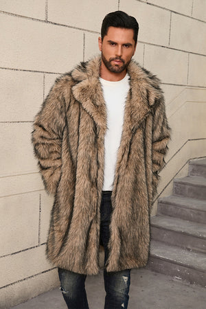 mens fake fur coat long lapel collar winter overcoat in brown 9 Alicefurs