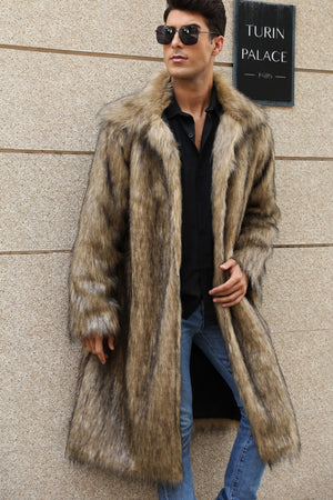 mens faux fur coat square collar fluffy long overcoat in brown 1 Alicefurs