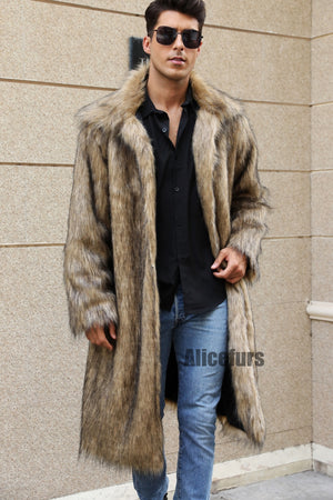 mens faux fur coat square collar fluffy long overcoat in brown 3 Alicefurs