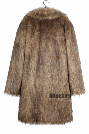 mens faux fur coat square collar fluffy long overcoat in brown 5 Alicefurs