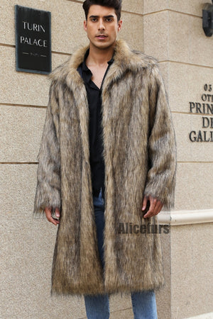 mens faux fur coat square collar fluffy long overcoat in brown Alicefurs