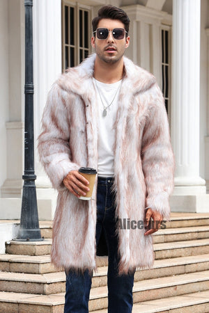 mens faux fur coat square collar fluffy long overcoat in brownish white Alicefurs