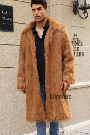 mens faux fur coat square collar fluffy long overcoat in copper 1 Alicefurs