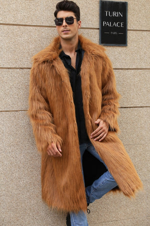 mens faux fur coat square collar fluffy long overcoat in copper Alicefurs