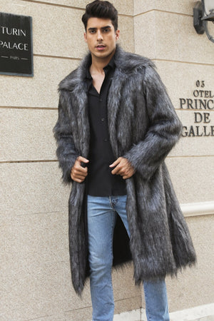 mens faux fur coat square collar fluffy long overcoat in dark gray 1 Alicefurs