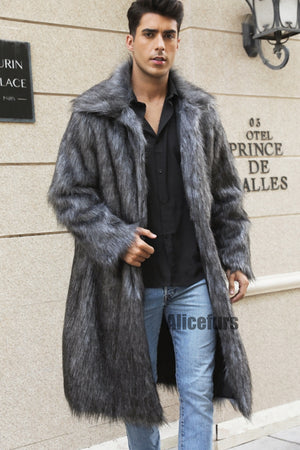 mens faux fur coat square collar fluffy long overcoat in dark gray 2 Alicefurs