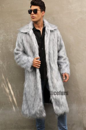 mens faux fur coat square collar fluffy long overcoat in gray Alicefurs