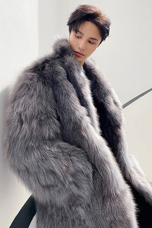 mens faux fur coat winter long fluffy overcoat in gray 1 Alicefurs