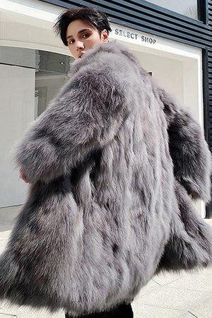 mens faux fur coat winter long fluffy overcoat in gray 4 Alicefurs