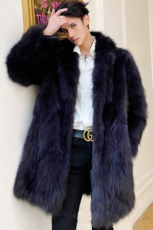 mens faux fur coat winter long fluffy overcoat in navy blue 1 Alicefurs