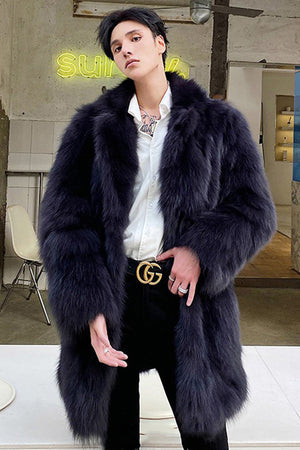 mens faux fur coat winter long fluffy overcoat in navy blue 4 Alicefurs