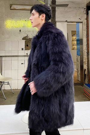 mens faux fur coat winter long fluffy overcoat in navy blue 5 Alicefurs
